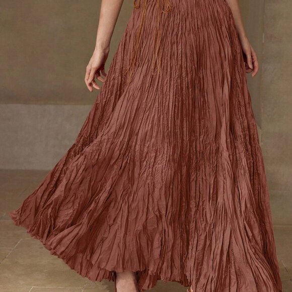 Orange Elegant Women's Premium High Waist Plisse Maxi Skirt - Picture 4 of 7